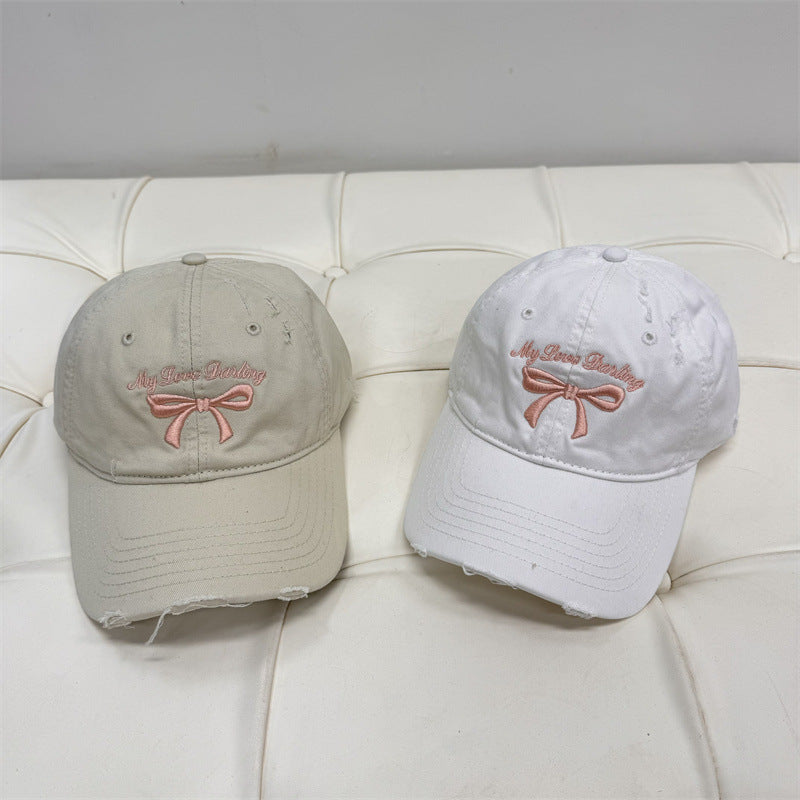 Women's Distressed Cotton Baseball Cap with Bow Embroidery Bowlift