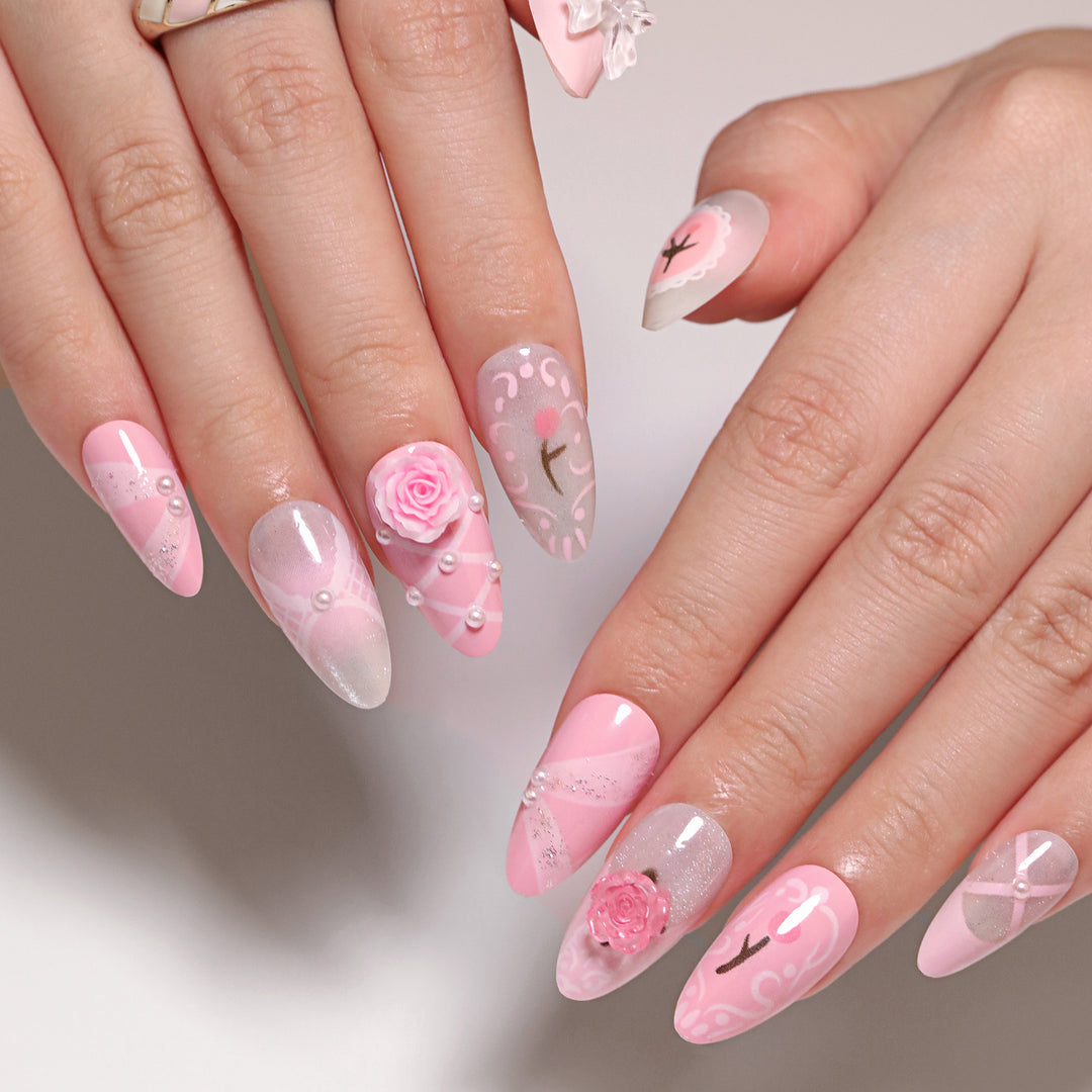 Artful Nail Extensions with Romantic Accents Bowlift