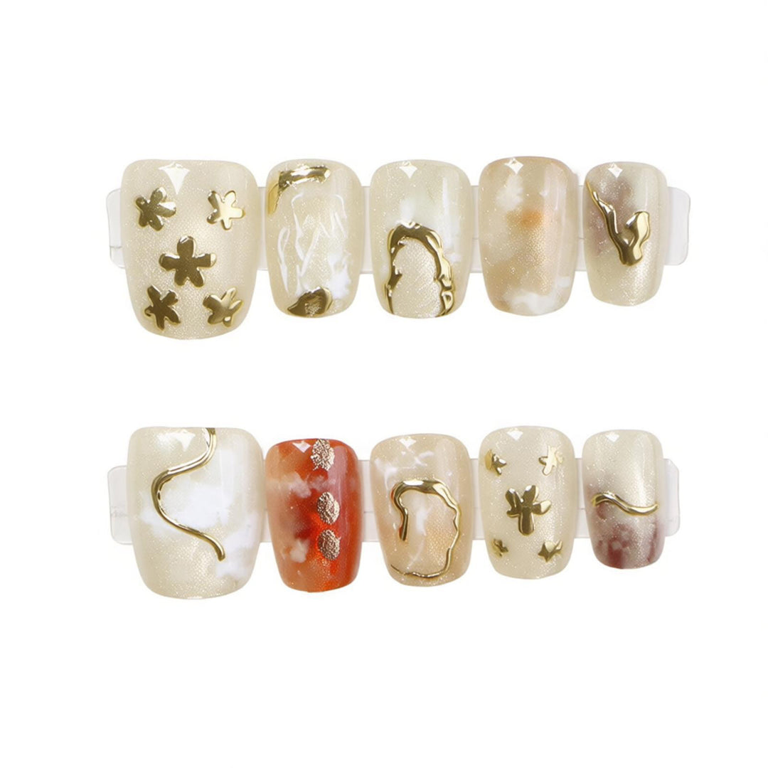 Elegant Press-On Nail Art Set with Unique Metallic Designs Bowlift