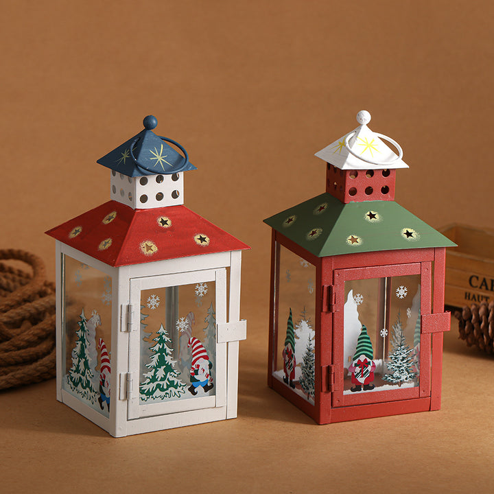 Decorative Holiday Tea Light Lantern with Glass Pane Gnome & Pine Motif Bowlift