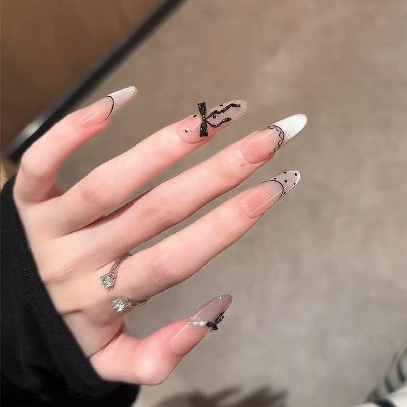 Artistic Press-On Nail Set with Elegant Bow and Pattern Details Bowlift