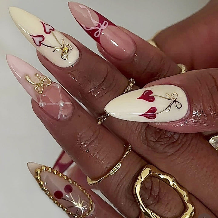 Elegant Decorative Press-On Nail Set with Bow and Heart Designs Bowlift
