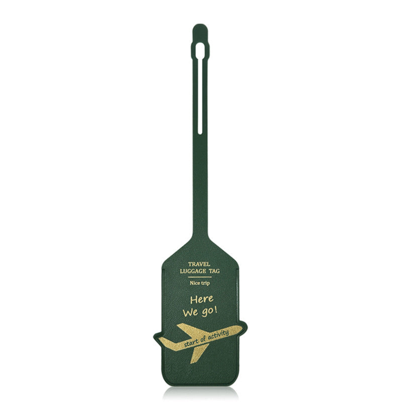 premium leather travel luggage ID tag with embossed airplane motif and adjustable strap Bowlift
