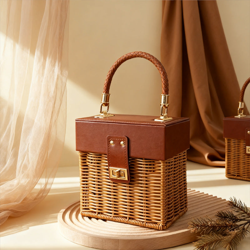 Women Stylish Basket with Elegant Leather Lid and Woven Design Bowlift