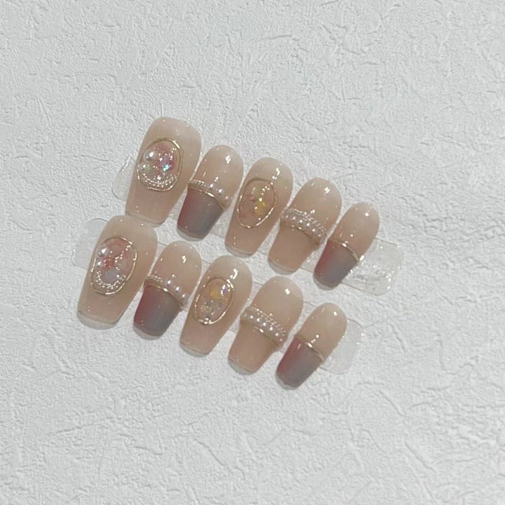 Decorative Press-On Nail Set with Gemstone Accents Bowlift