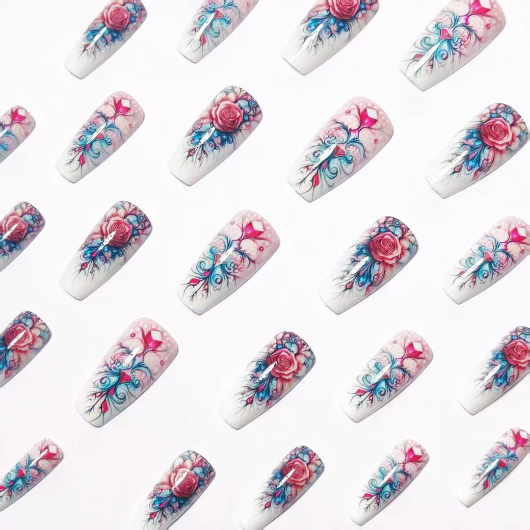 Elegant rose design artificial nails with glitter accents Bowlift