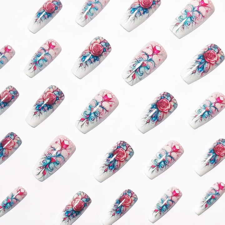 Elegant rose design artificial nails with glitter accents Bowlift