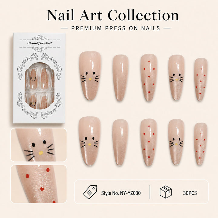 Premium artificial nails with playful cat pattern Bowlift