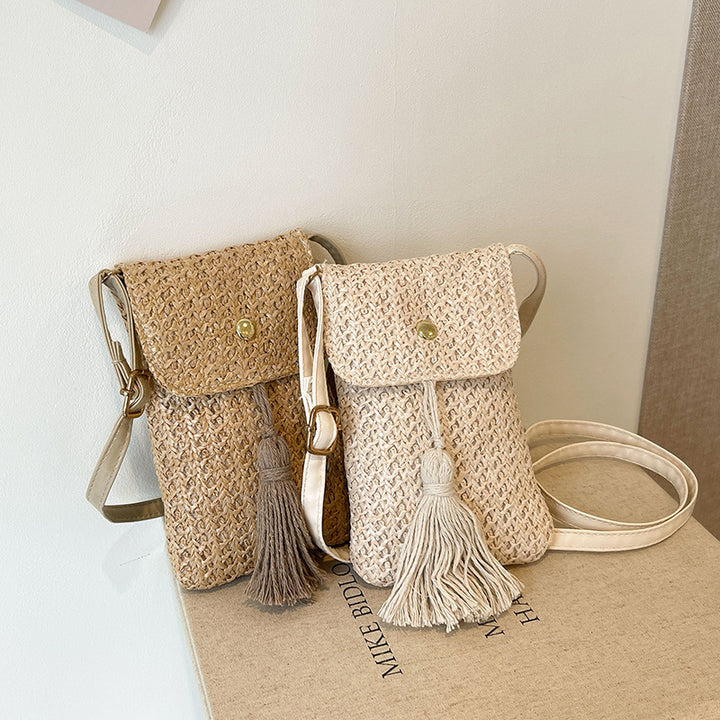 Woven Straw Crossbody Phone Pouch with Tassel and Adjustable Vegan Leather Strap Bowlift
