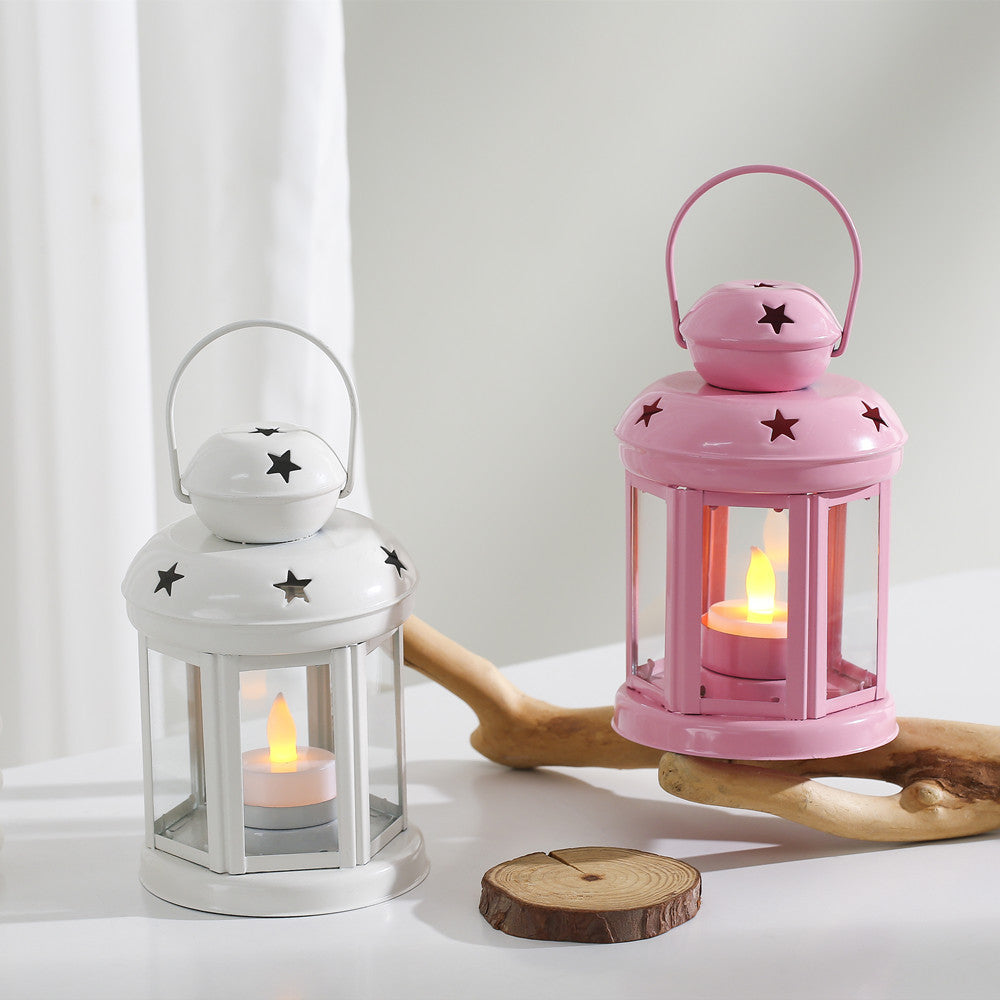 Hexagonal Glass-Paneled Metal Tealight Lantern with Star Vent Cutouts Bowlift