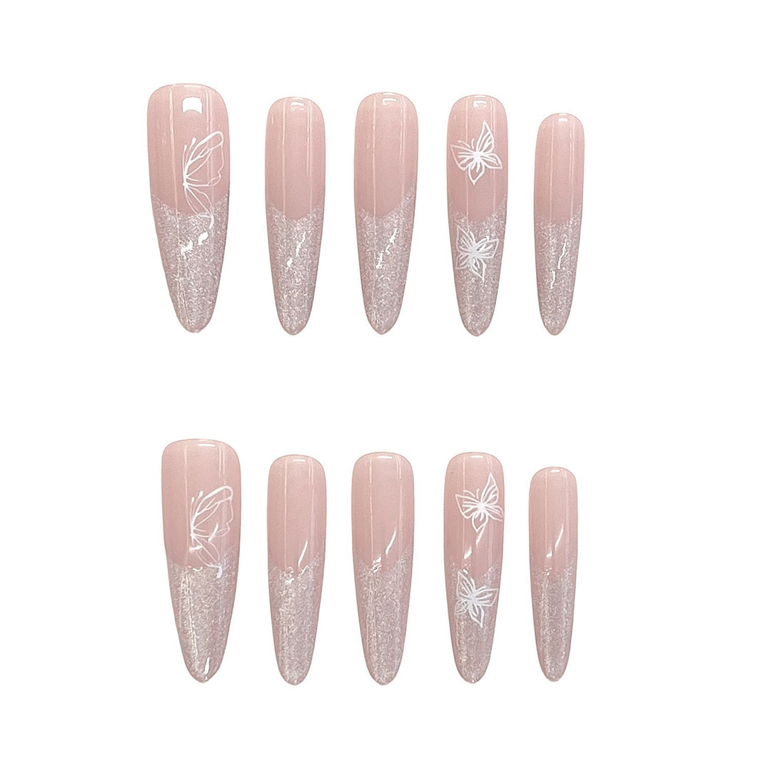 Elaborate Glitter Ombre Press-On Nails with Artistic Butterfly Design Bowlift