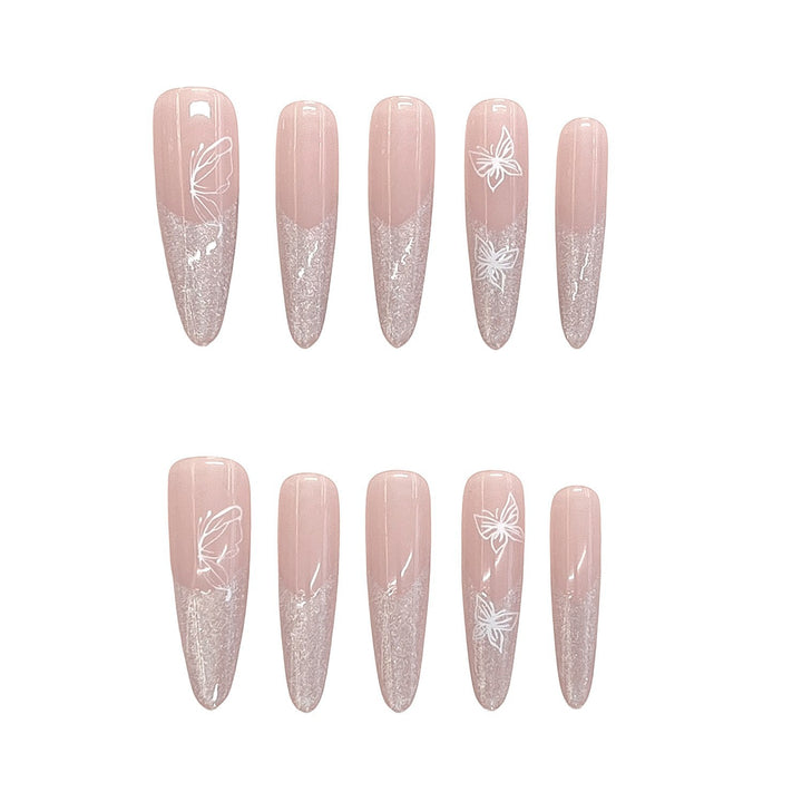 Elaborate Glitter Ombre Press-On Nails with Artistic Butterfly Design Bowlift