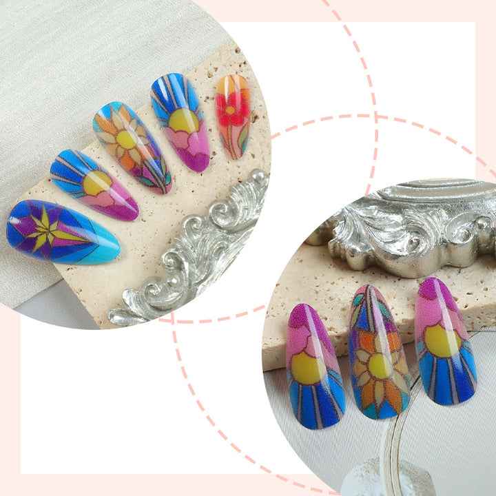 Artistic Press-On Nail Art Set with Floral and Geometric Patterns Bowlift
