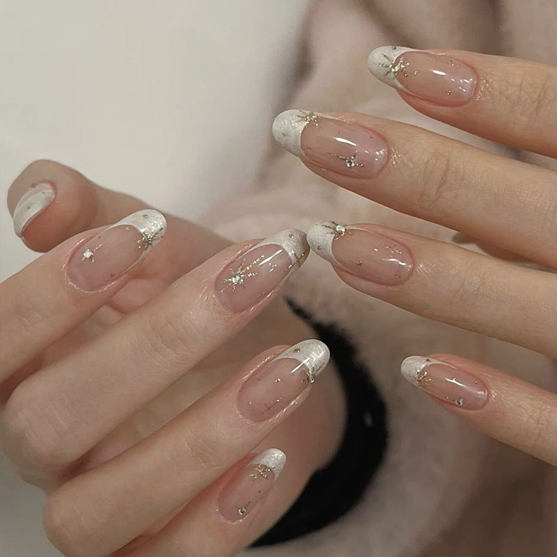 Elegant French Tip Press-On Nail Set with Glitter Accents Bowlift