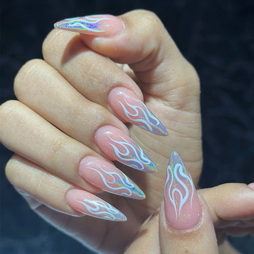 Artistic Flame-Patterned Stiletto Press-On Nails Bowlift
