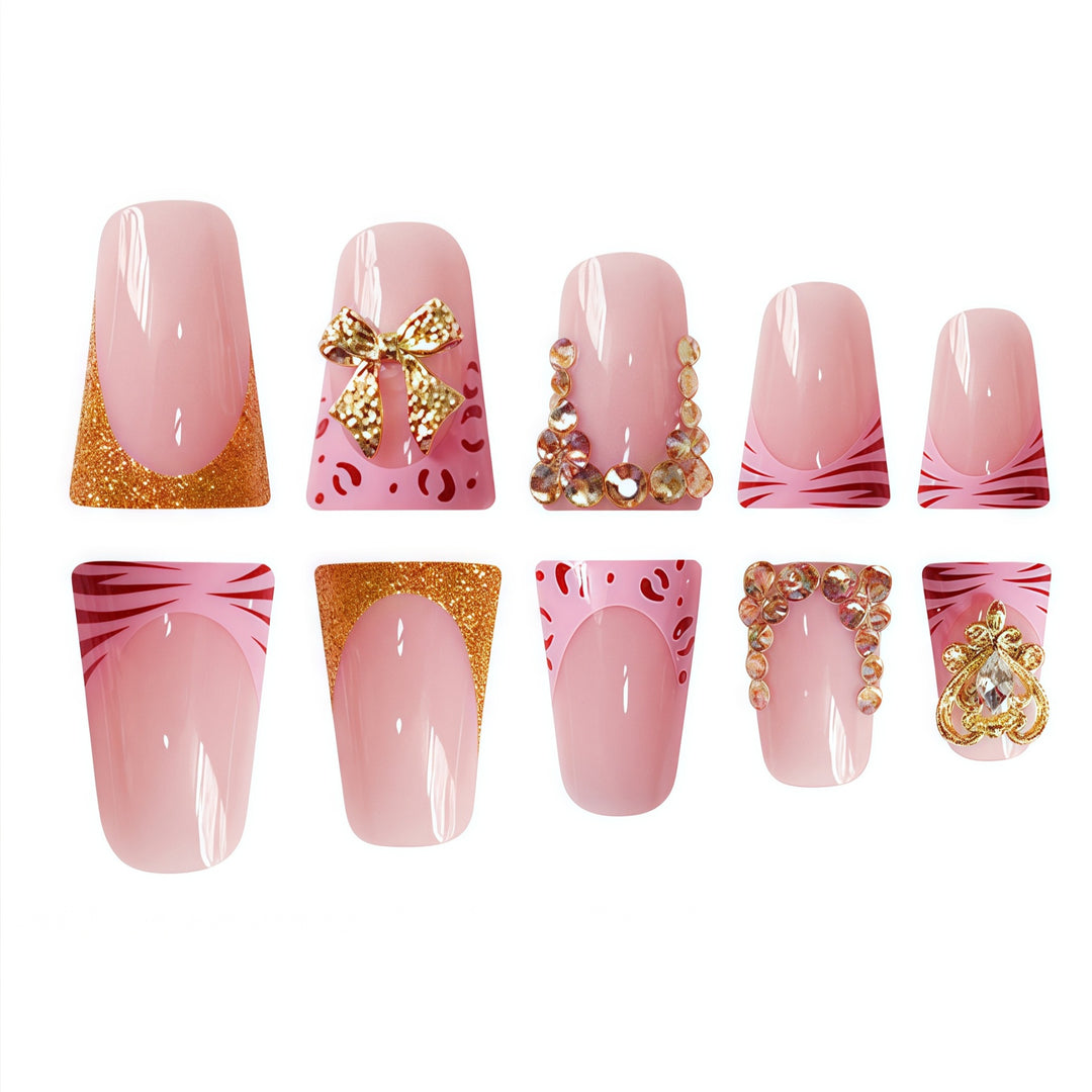 Decorative 3D Floral Press-On Nails with Gem Accents Bowlift