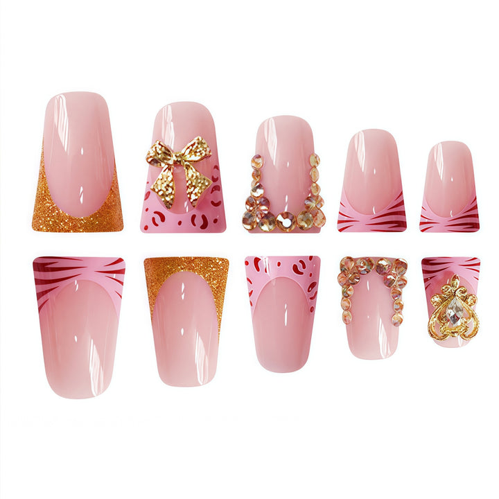 Decorative 3D Floral Press-On Nails with Gem Accents Bowlift