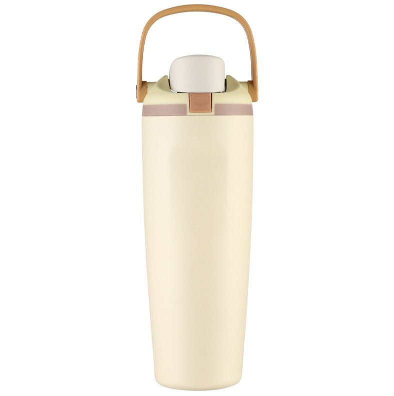 Unisex double-walled vacuum drinking bottle made of stainless steel with one-handed click closure and carrying handle Bowlift