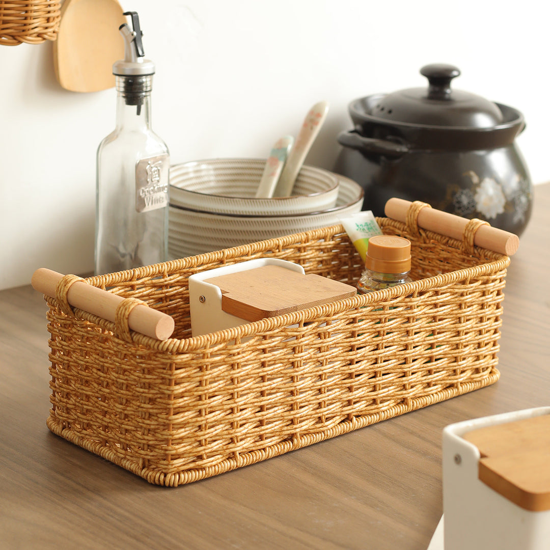 Rectangular Woven Storage Basket with Wooden Handles Bowlift