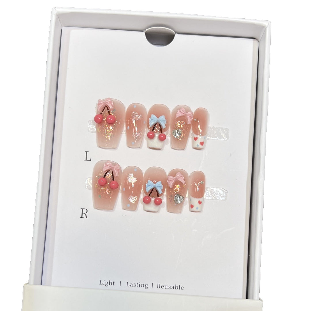 Playful Cherry-Themed Press-On Nail Art Set Bowlift