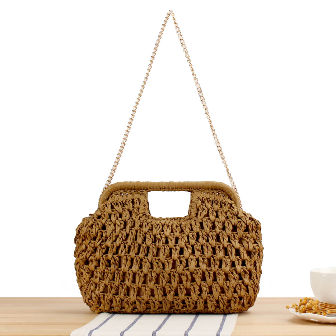 Beach Shoulder Bag Made of Natural Weave with Elegant Chain Decoration Bowlift