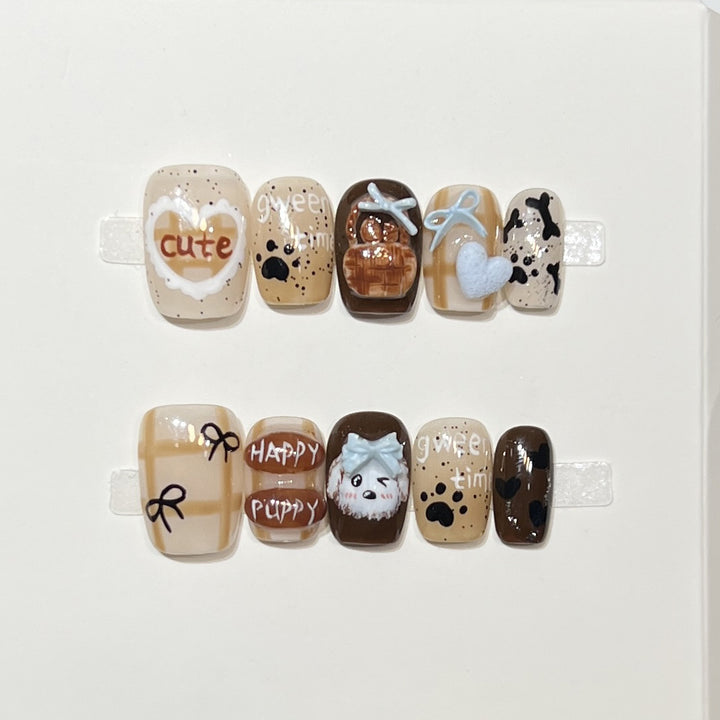 Playful Cartoon Dog-Themed Press-On Nail Art Set Bowlift