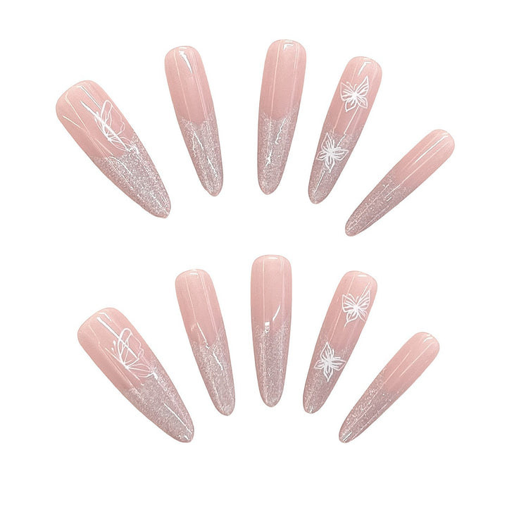 Elaborate Glitter Ombre Press-On Nails with Artistic Butterfly Design Bowlift