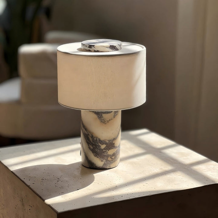 Sculpted natural stone table lamp with fabric drum shade and dimmer Bowlift