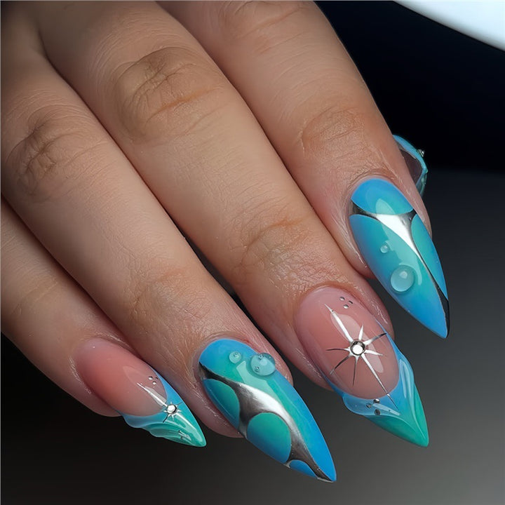 Artistic Stiletto Press-On Nails with Metallic Accents Bowlift