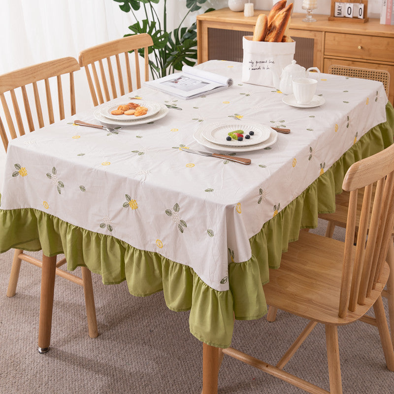 Embroidered Floral Ruffled Tablecloth
