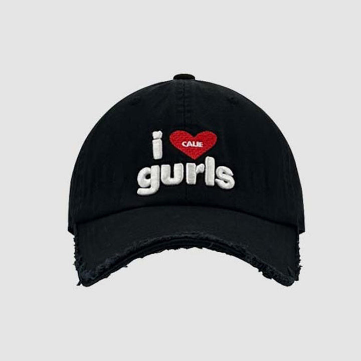 Women's Distressed Cotton Baseball Cap with Fun Embroidery Bowlift