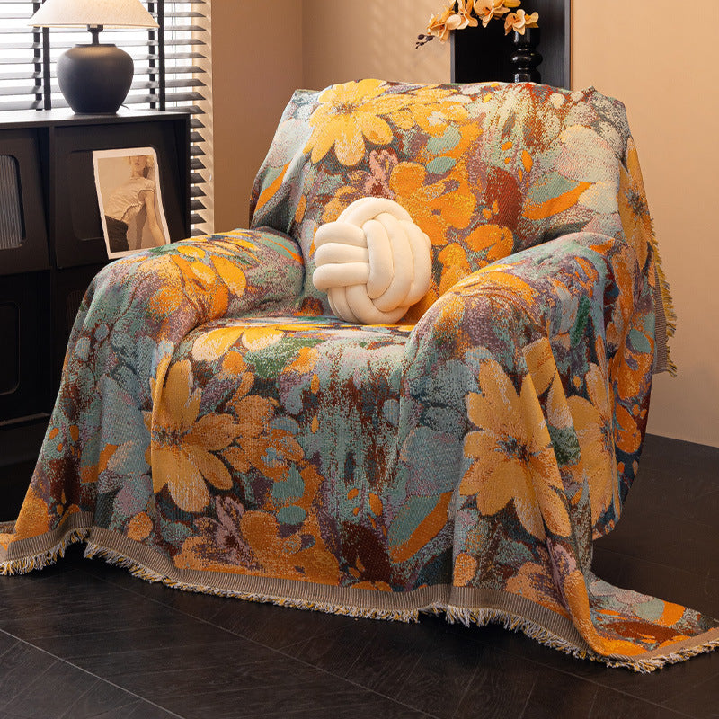 Oversized Cotton-Blend Jacquard Floral Throw Blanket with Fringed Edges Bowlift