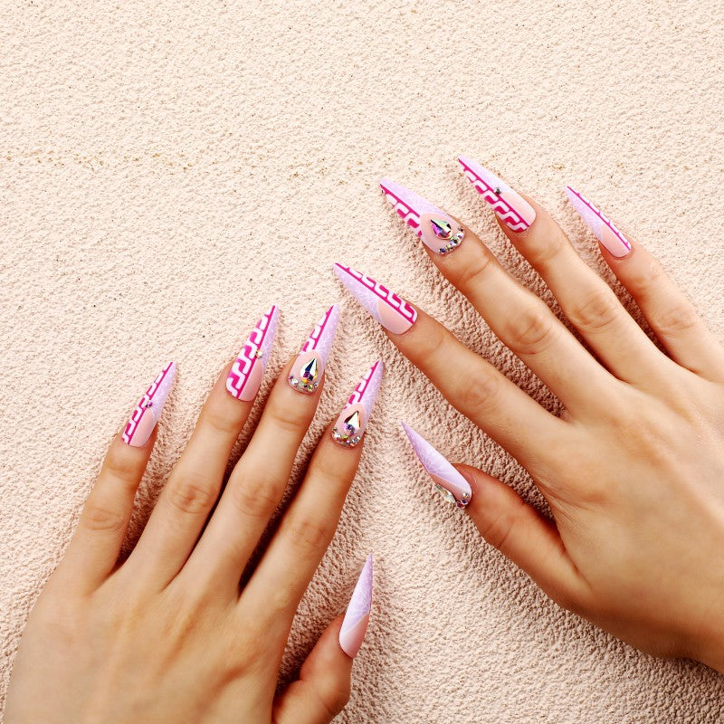 Creative Stiletto Art Nails with Geometric Patterns Bowlift
