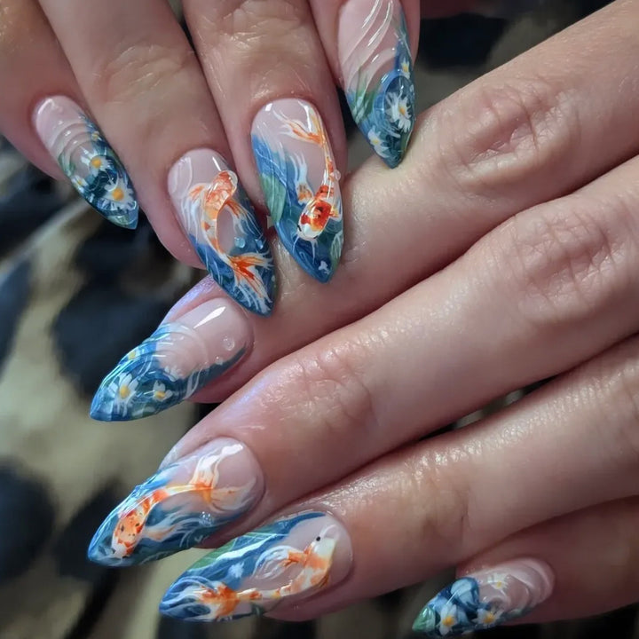 3D Koi Fish Art Stiletto Nail Extensions Bowlift