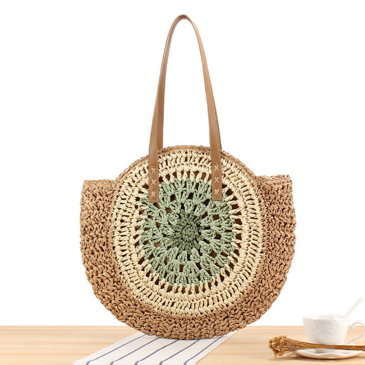 Round Bast Tote Bag with Handwoven Design Bowlift