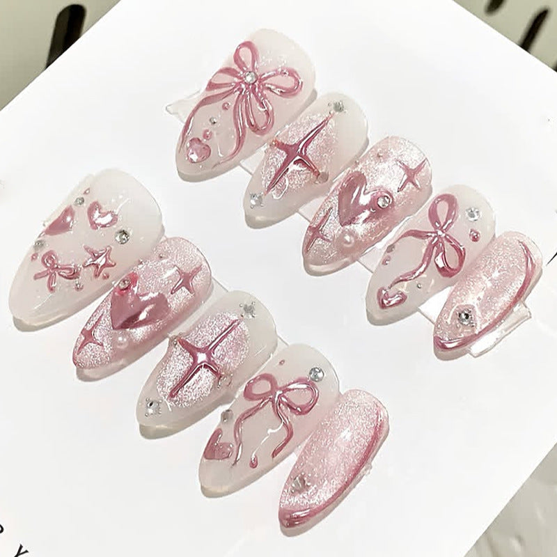Decorative Press-On Nail Art Set with Floral and Gem Accents Bowlift
