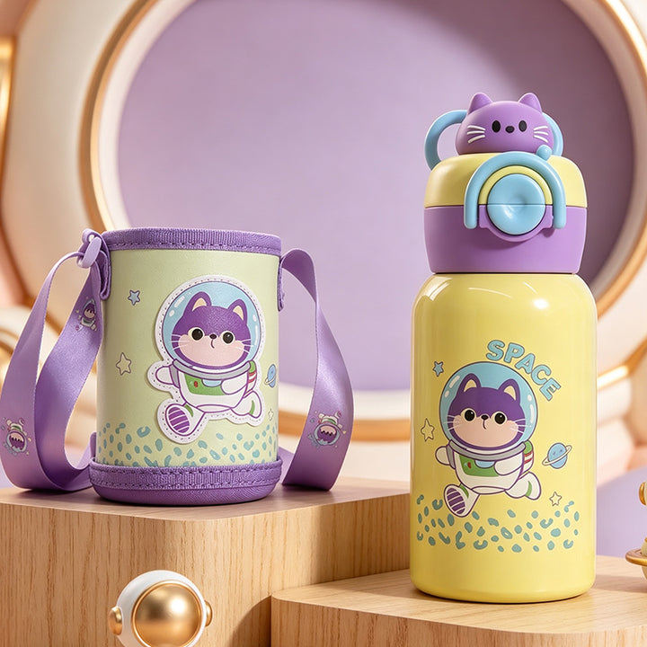 Women's insulated drinking bottle with cute dog design and practical carrying strap Bowlift