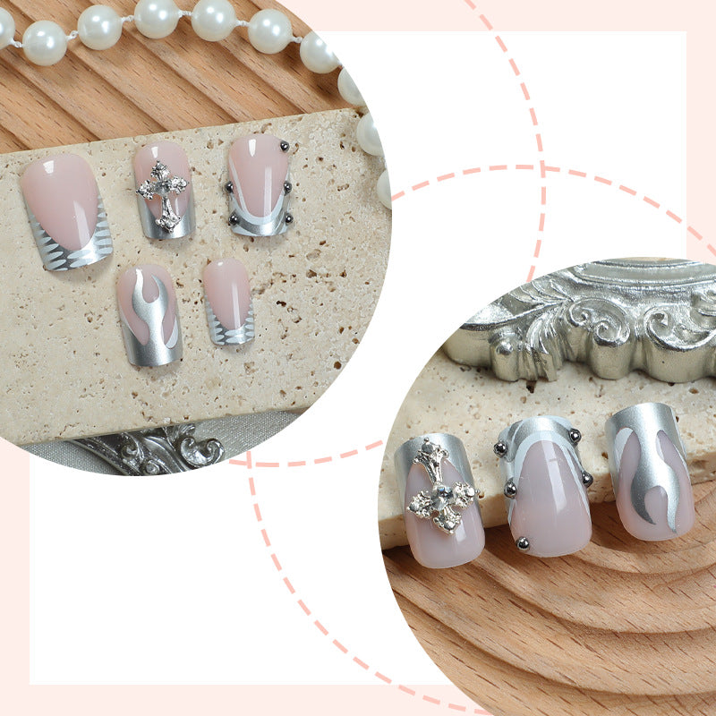 Decorative Press-On Nail Art Set with Stylish Marble and Gem Accents Bowlift