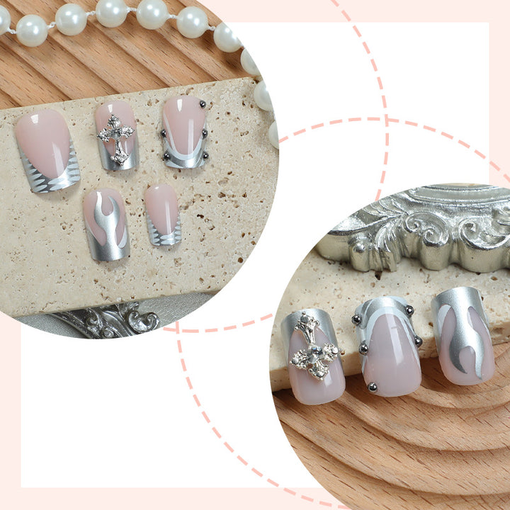 Decorative Press-On Nail Art Set with Stylish Marble and Gem Accents Bowlift