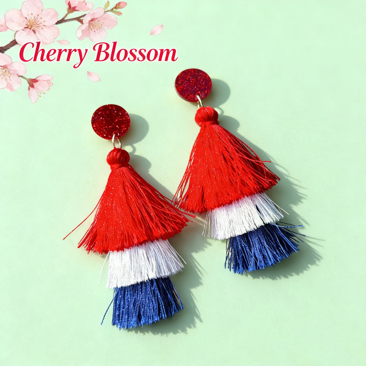 Women's nan tiered fringe tassel statement drop earrings with glitter disc stud and layered silk-like threads Bowlift