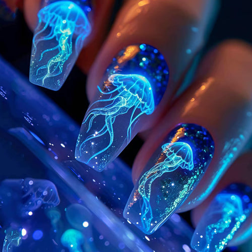 Glittering artificial nails with luminous jellyfish motif Bowlift