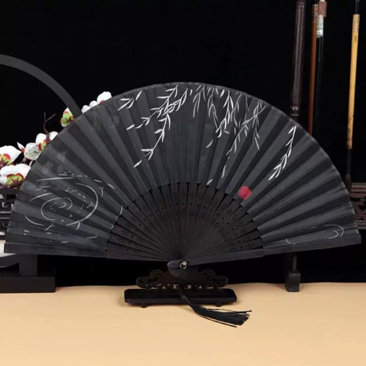 Women One Size Handcrafted Bamboo Pleated Fan with Hand-Painted Calligraphic Willow Design and Decorative Tassel Bowlift