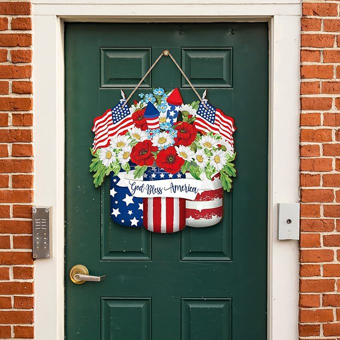 Unisex nan patriotic layered wooden door hanger with American flag buckets and floral bouquet Bowlift