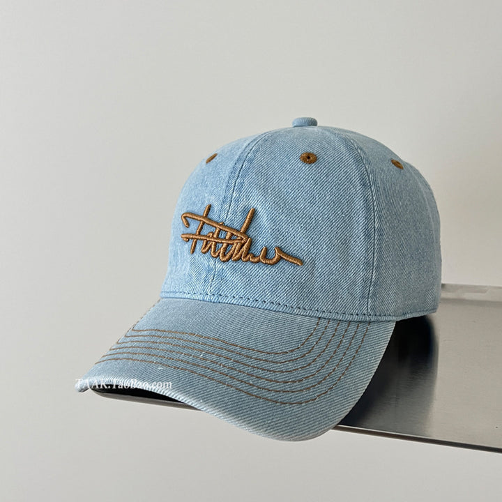 Women's Distressed Denim Embroidered Baseball Cap Bowlift