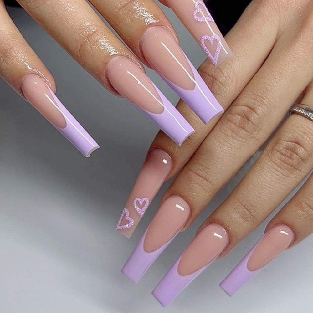 Heart-Embellished Long Acrylic Nail Art Bowlift