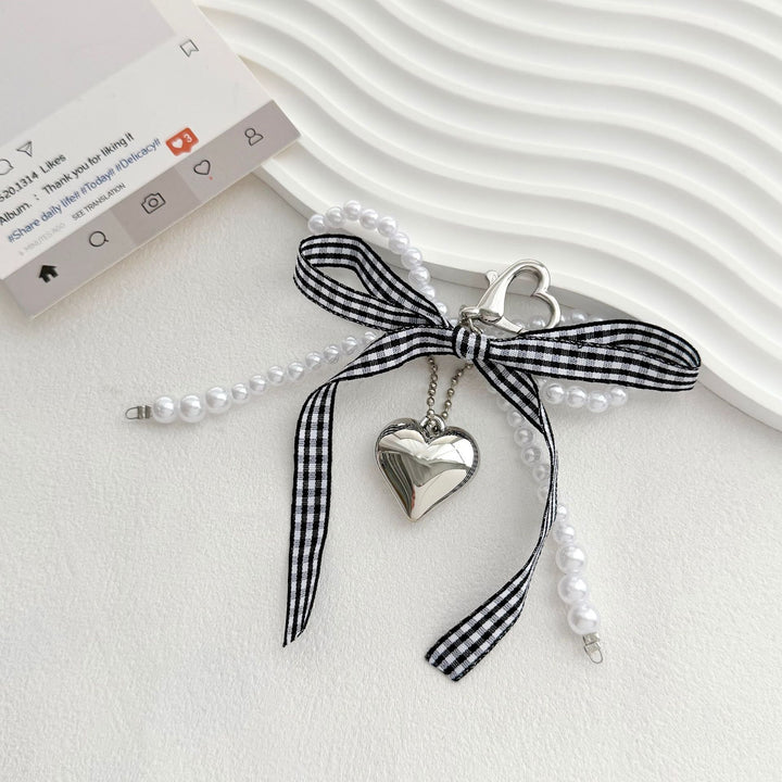 Heart-Shaped Charm Keychain with Pearls and Bow Bowlift