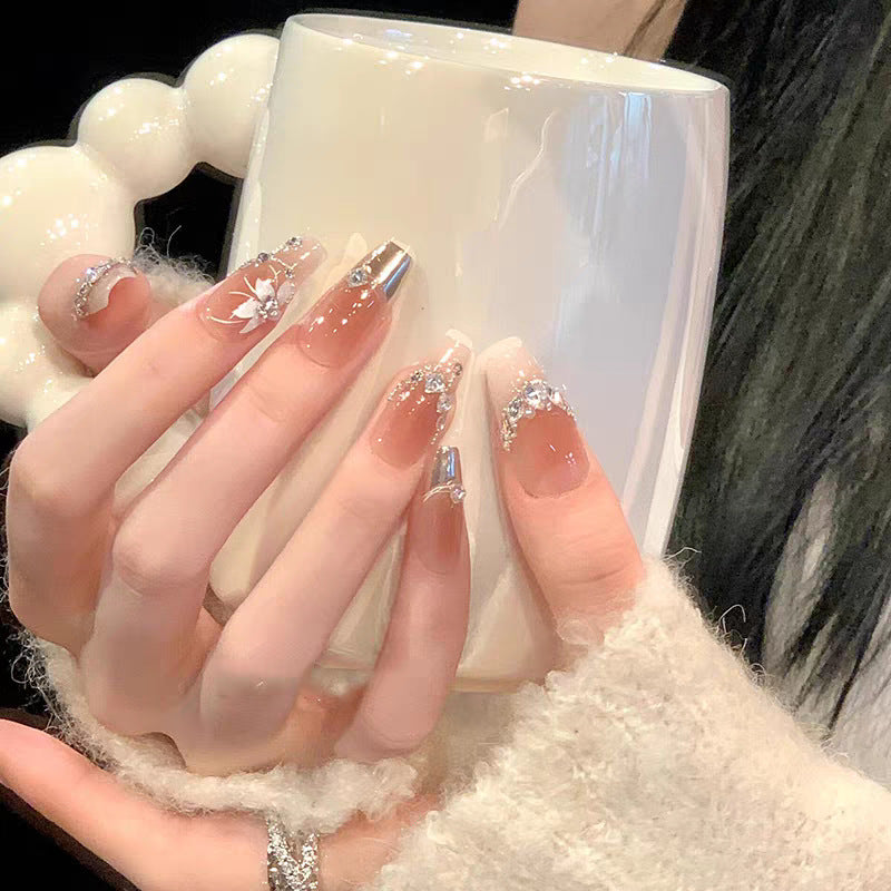 Elegant Rhinestone and Floral Press-On Nails Bowlift