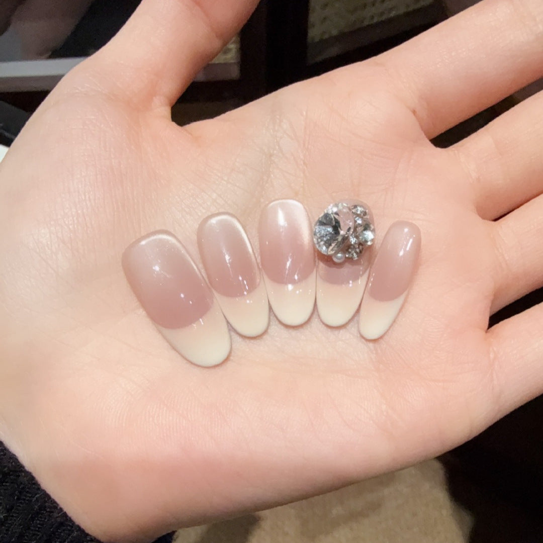Elegant French Tip Press-On Nails with Rhinestone Accents Bowlift