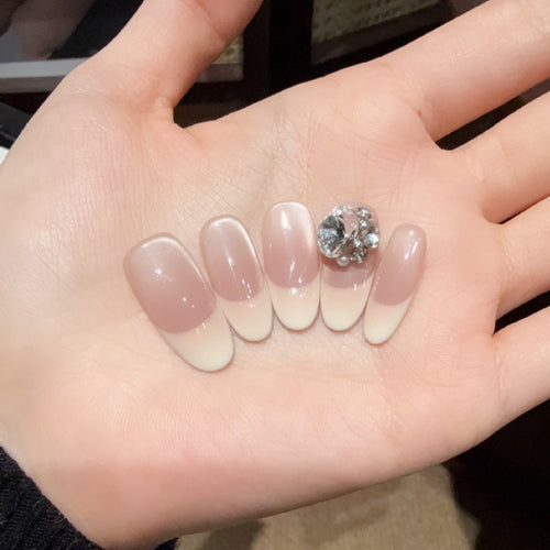 Elegant French Tip Press-On Nails with Rhinestone Accents Bowlift