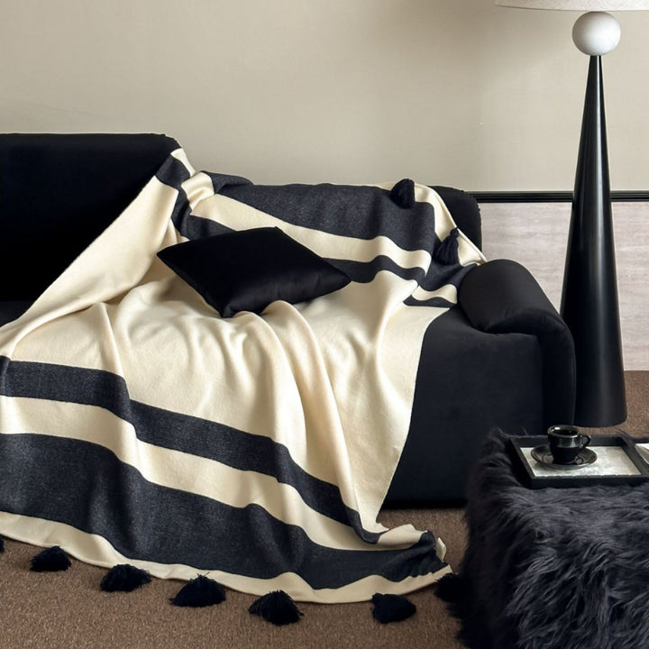 Oversized Reversible Cotton-Blend Striped Tassel Throw Blanket